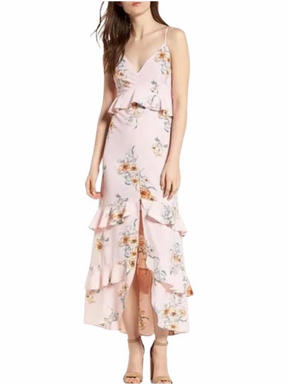 #707 Lush Beautiful Pink Floral High-Low Ruffle Maxi Dress. Excellent condition